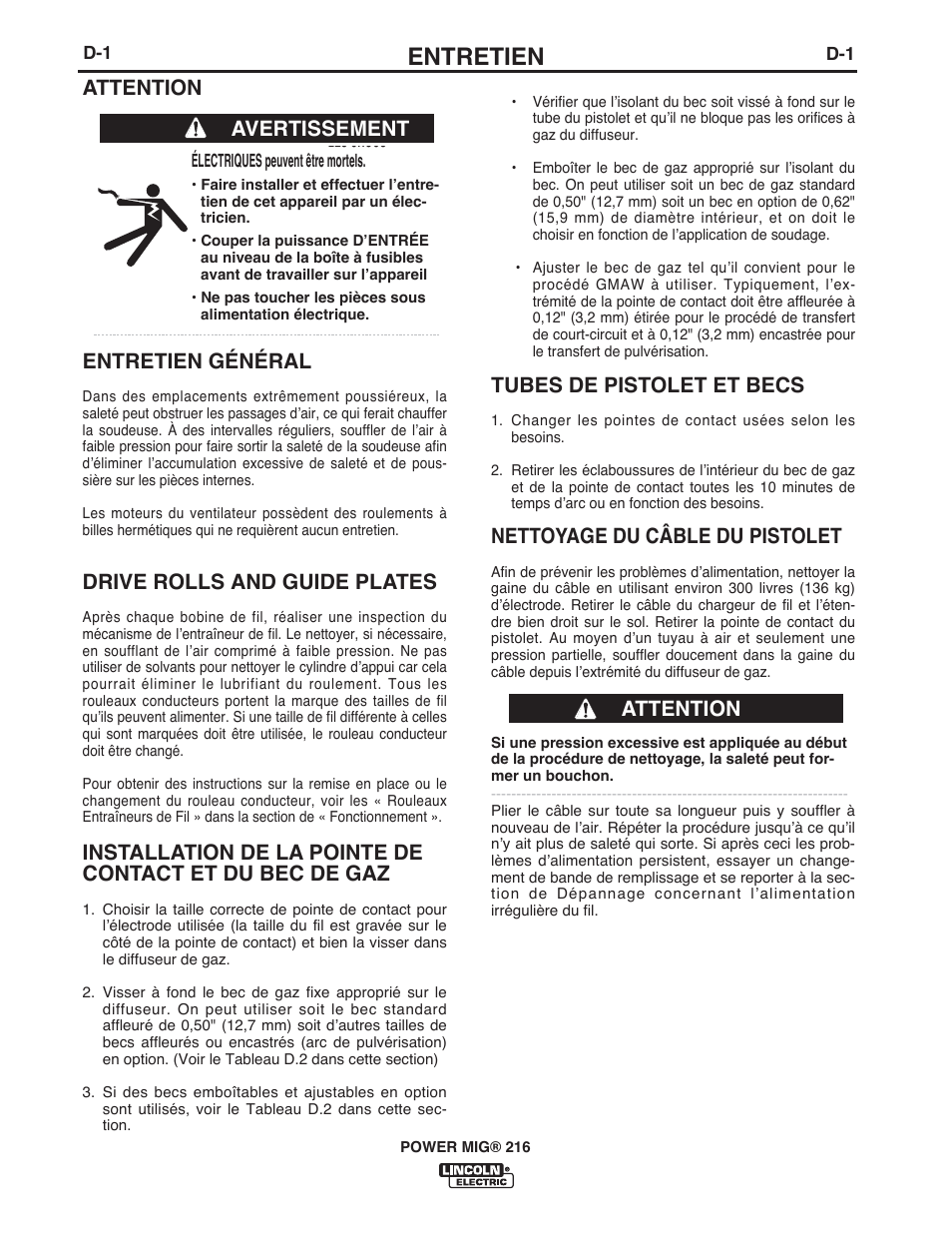 Entretien, Tubes de pistolet et becs, Nettoyage du câble du pistolet | Attention, Entretien général, Drive rolls and guide plates, Avertissement attention | Lincoln Electric IMT10016 POWER MIG 216 User Manual | Page 86 / 100