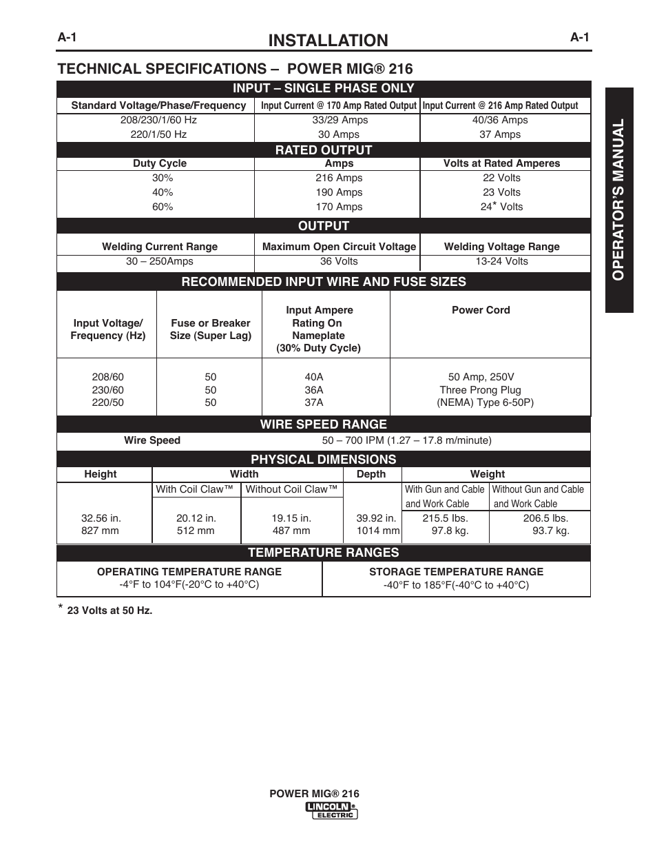 Installation, Technical specifications – power mig® 216, Opera t or ʼs manual | Lincoln Electric IMT10016 POWER MIG 216 User Manual | Page 9 / 100