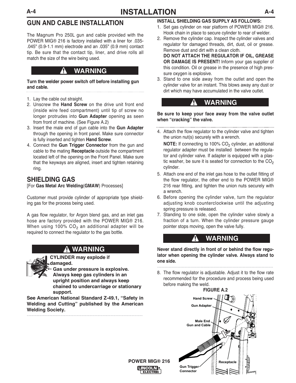 Installation, Gun and cable installation, Shielding gas | Warning | Lincoln Electric IMT10097 POWER MIG 216 User Manual | Page 12 / 100
