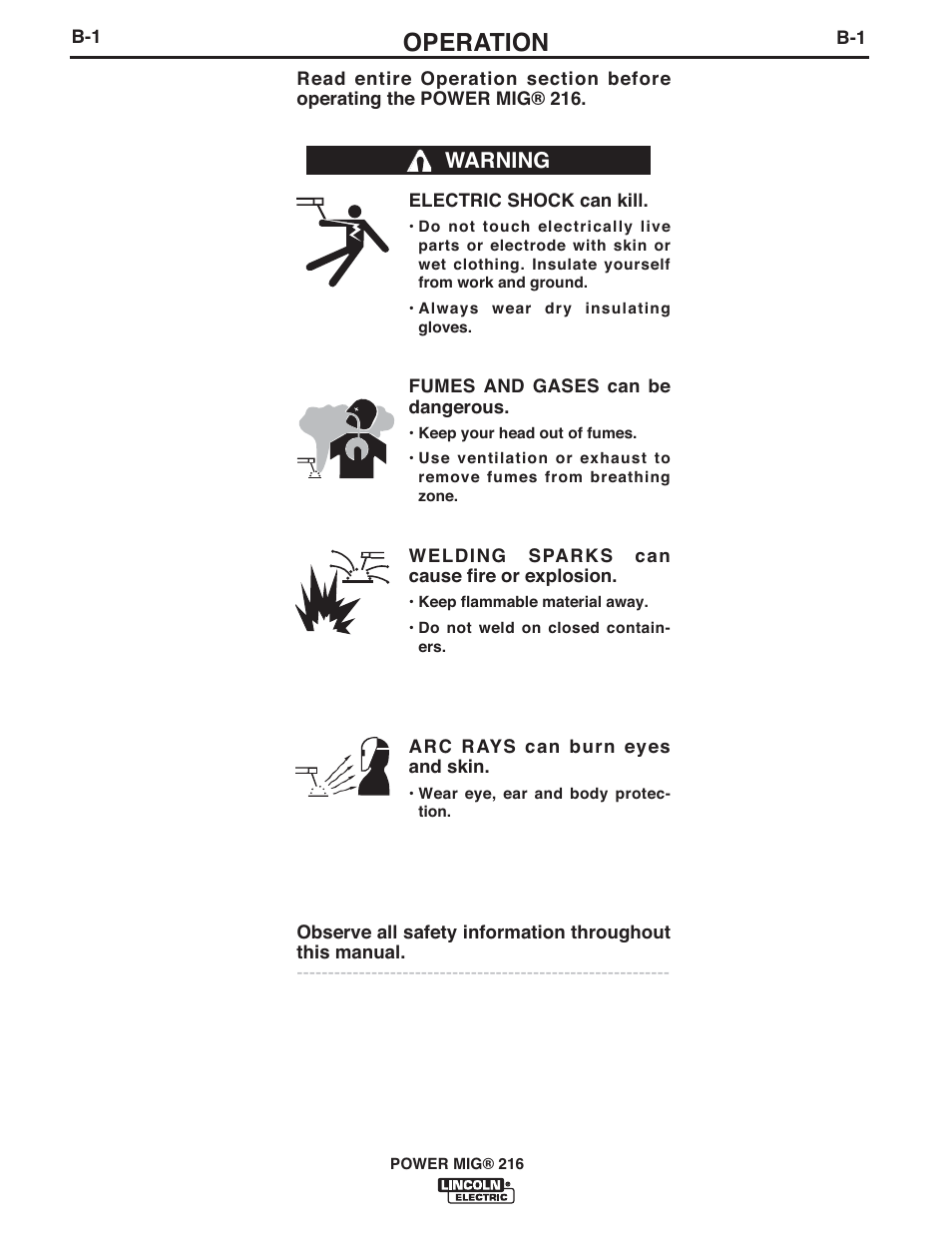 Operation, Warning | Lincoln Electric IMT10097 POWER MIG 216 User Manual | Page 14 / 100