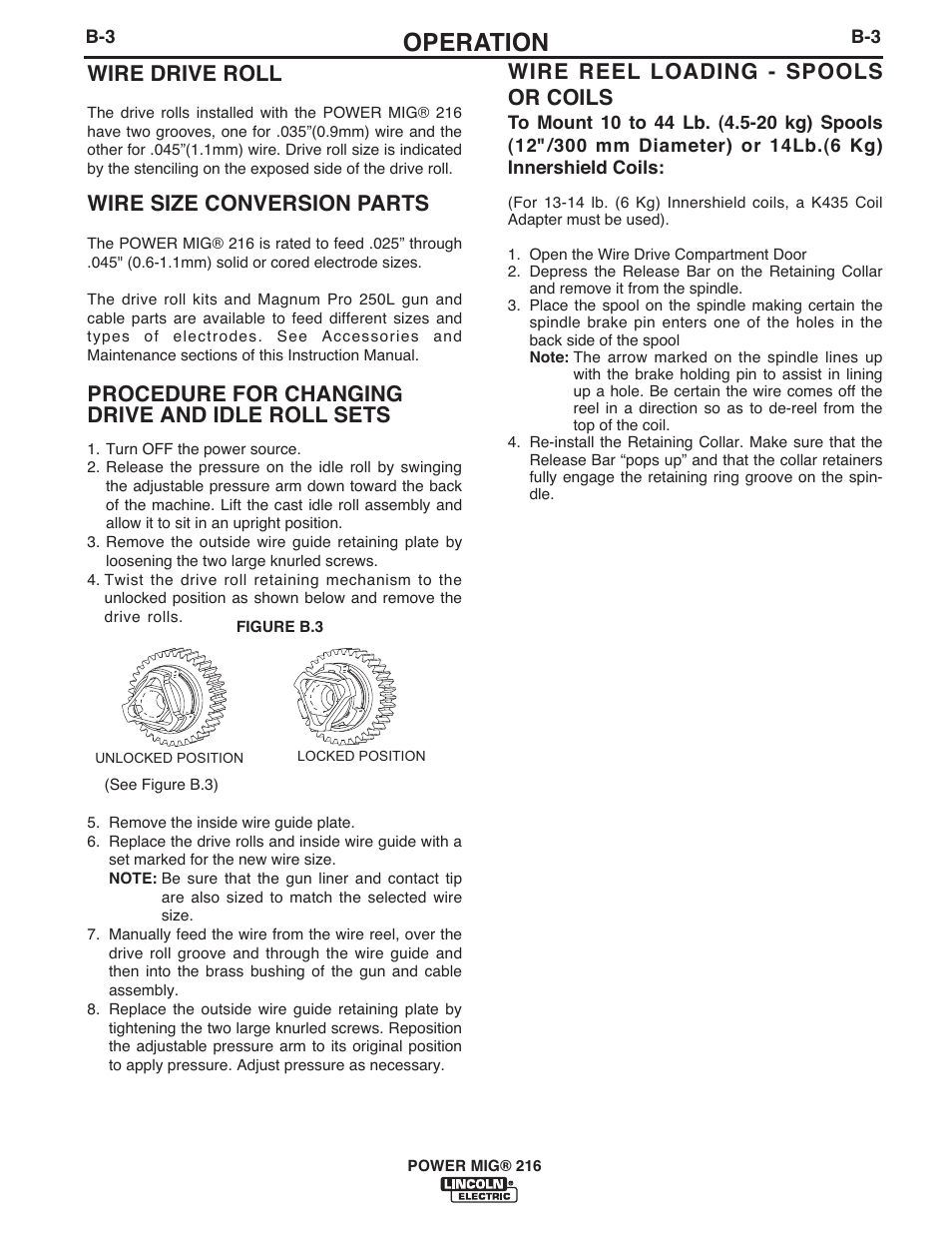 Operation, Wire drive roll, Wire size conversion parts | Procedure for changing drive and idle roll sets, Wire reel loading - spools or coils | Lincoln Electric IMT10097 POWER MIG 216 User Manual | Page 16 / 100