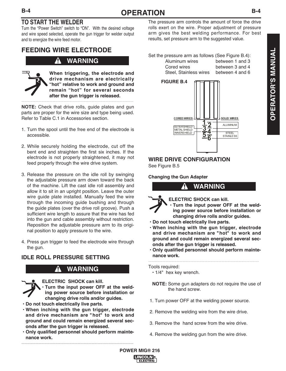 Operation, Feeding wire electrode, Warning | Opera t orʼs manual | Lincoln Electric IMT10097 POWER MIG 216 User Manual | Page 17 / 100