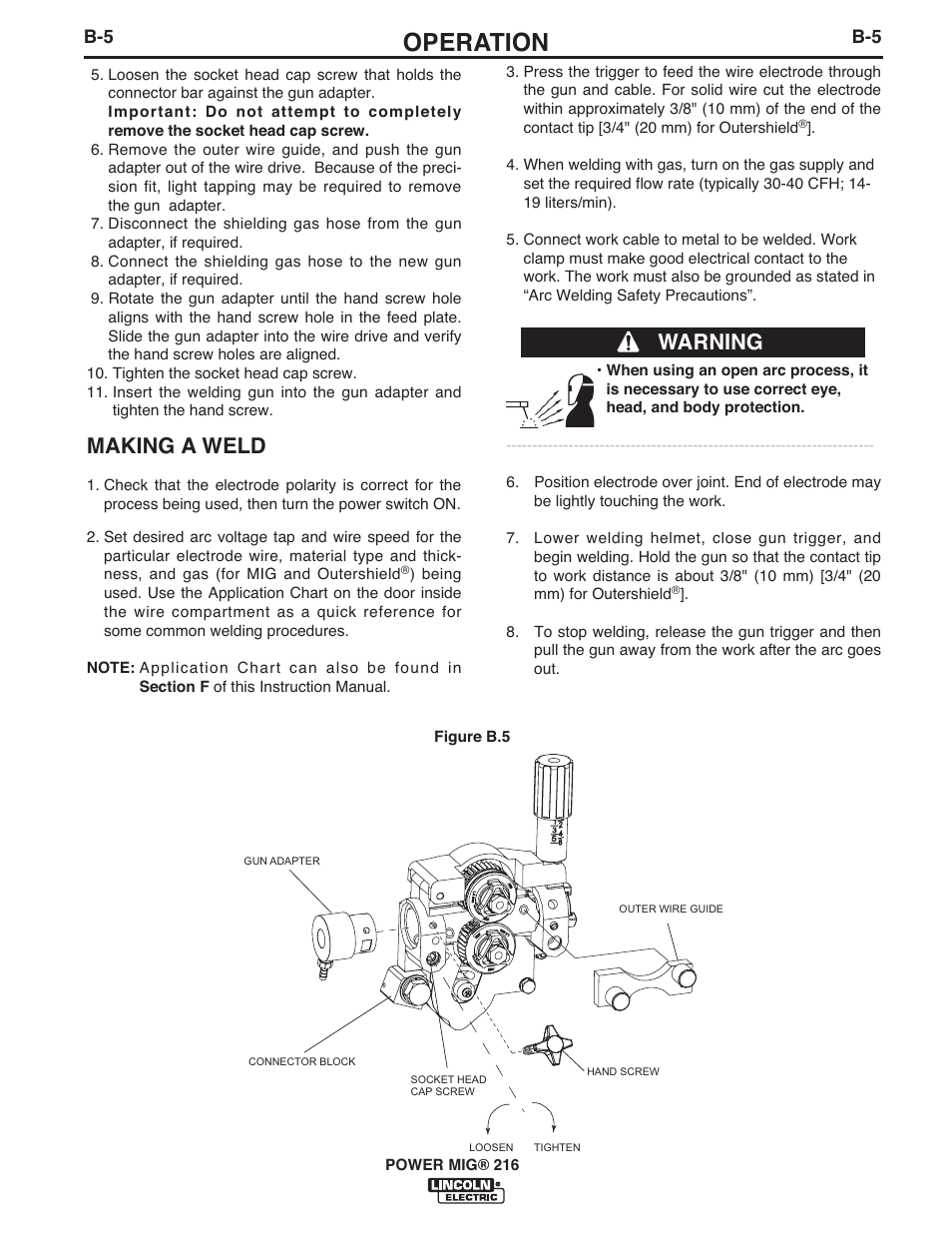 Operation, Warning, Making a weld | Lincoln Electric IMT10097 POWER MIG 216 User Manual | Page 18 / 100