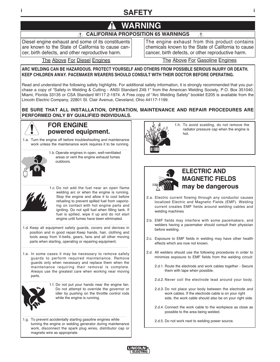 Warning, Safety, For engine powered equipment | Electric and magnetic fields may be dangerous | Lincoln Electric IMT10097 POWER MIG 216 User Manual | Page 2 / 100