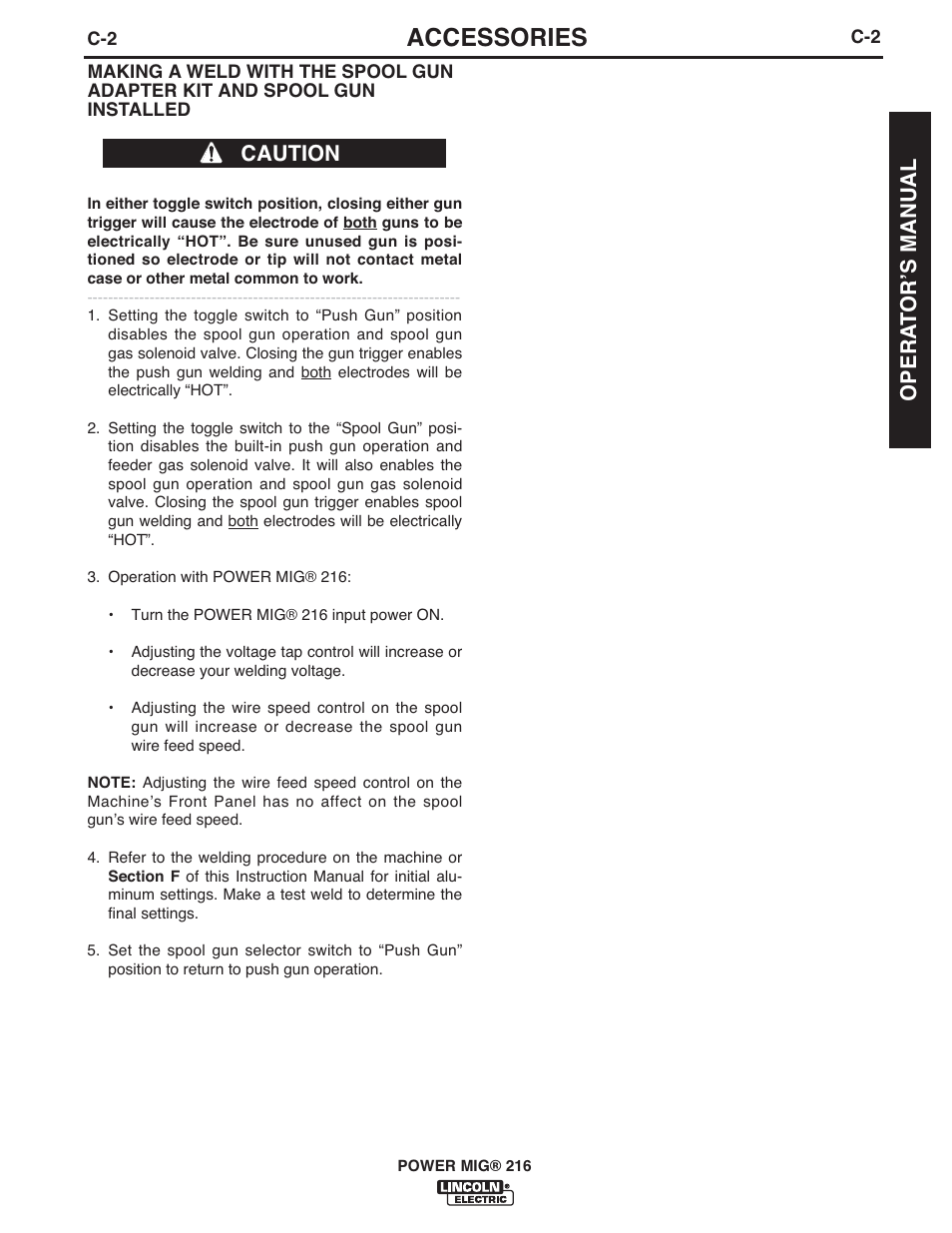 Accessories, Caution, Opera t orʼs manual | Lincoln Electric IMT10097 POWER MIG 216 User Manual | Page 21 / 100