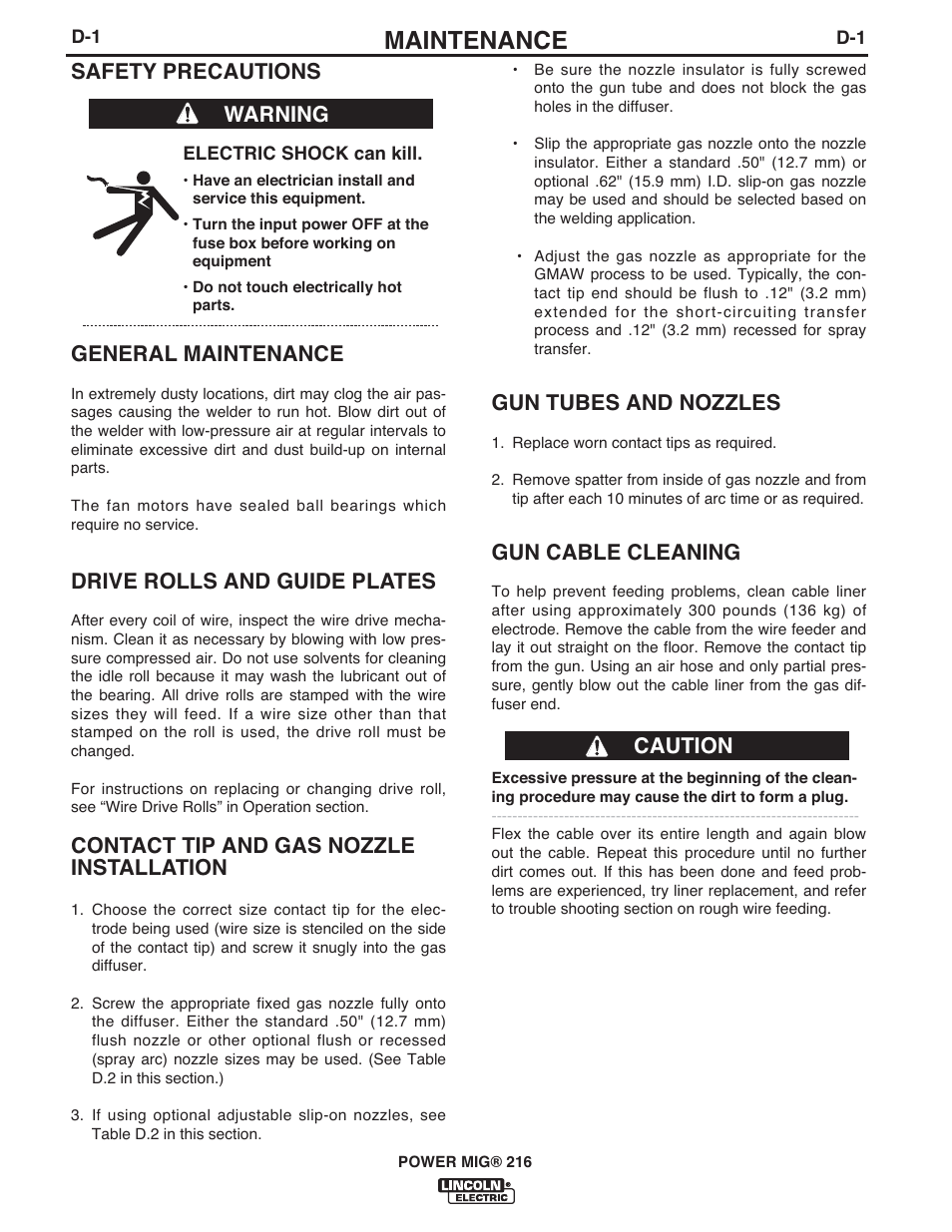 Maintenance, Gun tubes and nozzles, Gun cable cleaning | Safety precautions, General maintenance, Drive rolls and guide plates, Contact tip and gas nozzle installation, Warning caution | Lincoln Electric IMT10097 POWER MIG 216 User Manual | Page 22 / 100