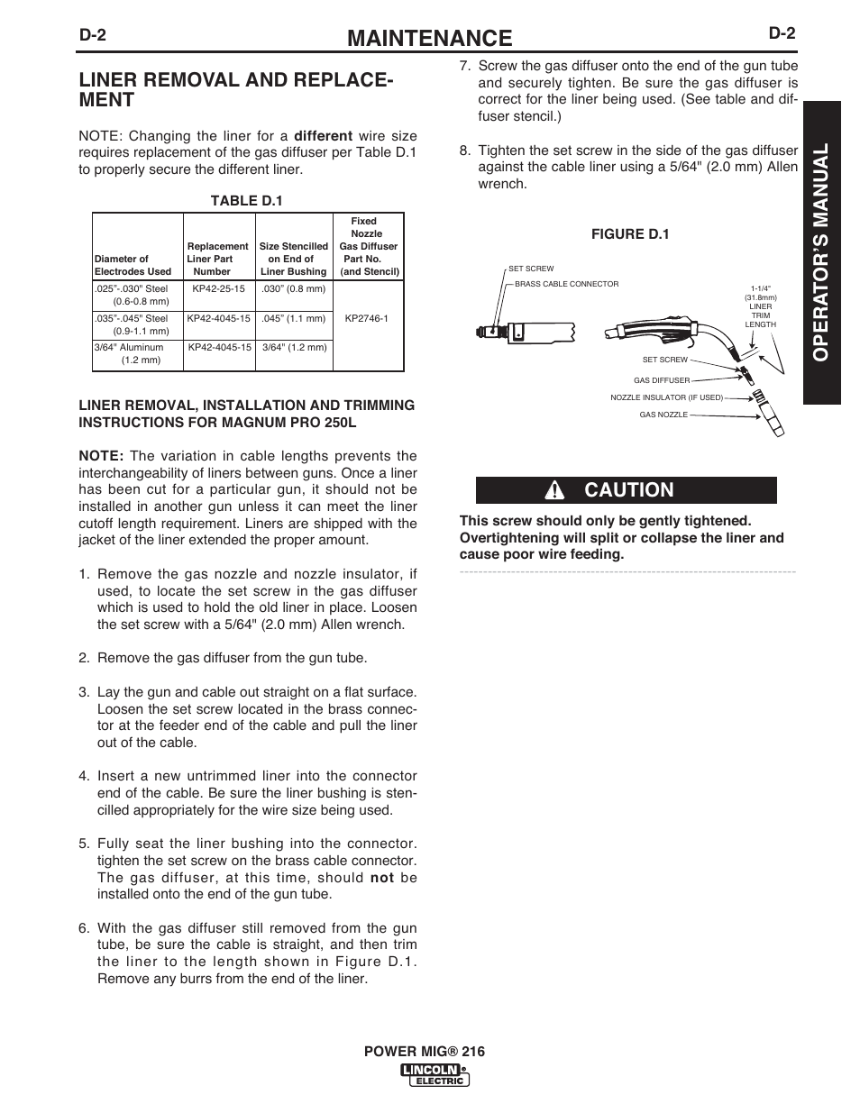 Maintenance, Liner removal and replace- ment, Caution | Opera t orʼs manual | Lincoln Electric IMT10097 POWER MIG 216 User Manual | Page 23 / 100