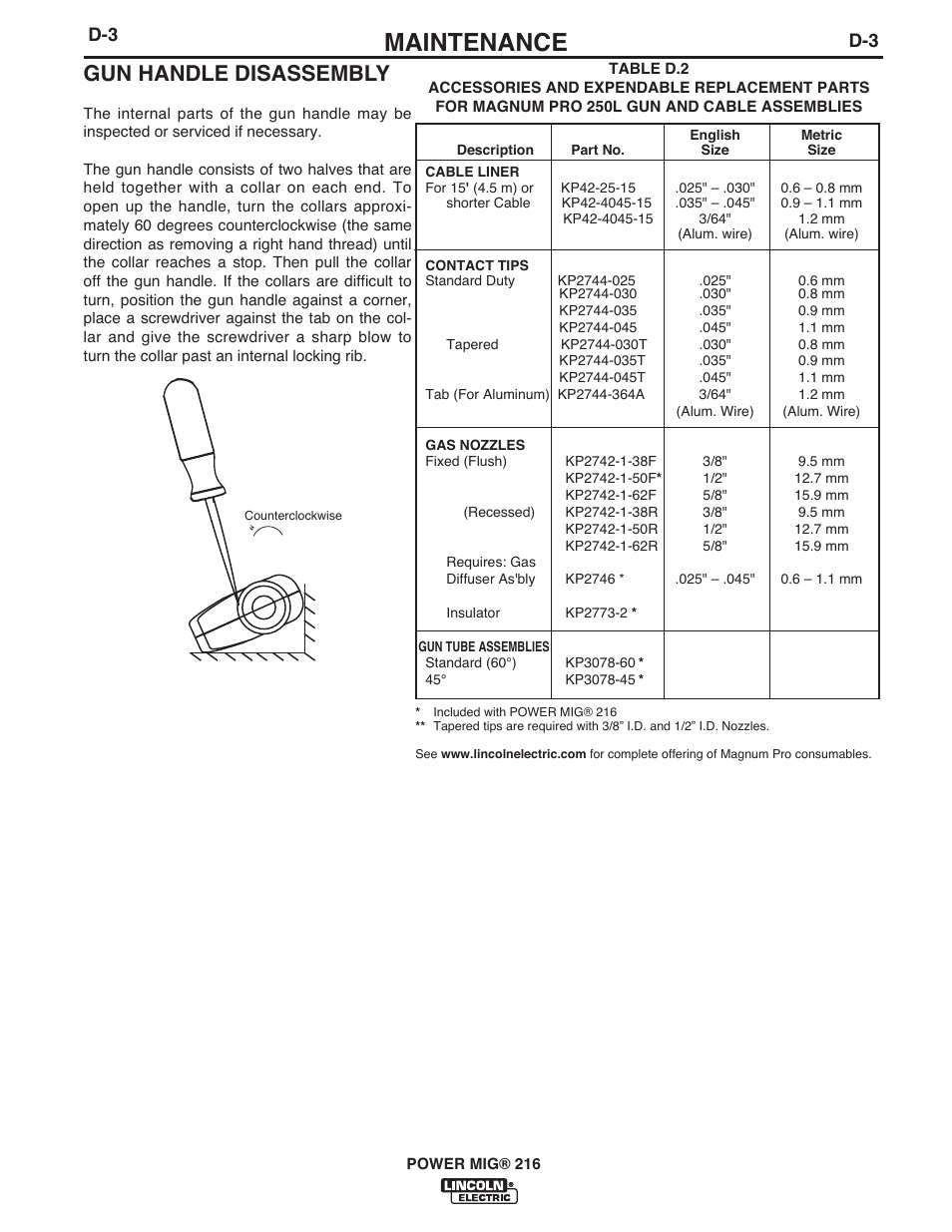 Maintenance, Gun handle disassembly | Lincoln Electric IMT10097 POWER MIG 216 User Manual | Page 24 / 100