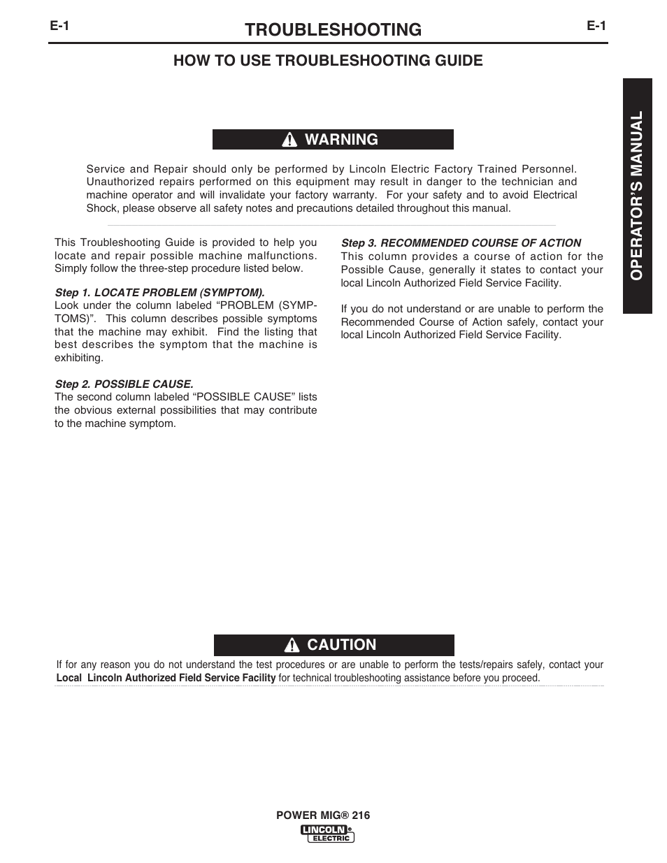 Troubleshooting | Lincoln Electric IMT10097 POWER MIG 216 User Manual | Page 25 / 100