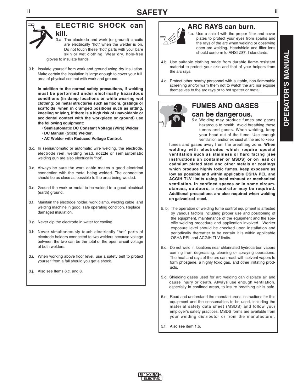 Safety, Arc rays can burn, Electric shock can kill | Fumes and gases can be dangerous, Opera t orʼs manual | Lincoln Electric IMT10097 POWER MIG 216 User Manual | Page 3 / 100