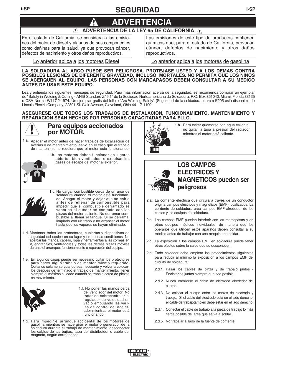 Advertencia, Seguridad, Para equipos accionados por motor | Lincoln Electric IMT10097 POWER MIG 216 User Manual | Page 34 / 100