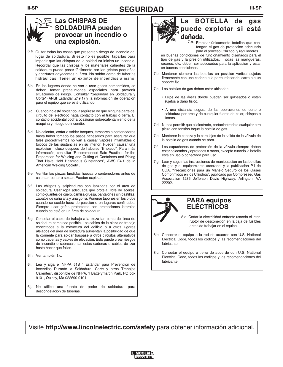 Seguridad, Para equipos eléctricos, La botella de gas puede explotar si está dañada | Lincoln Electric IMT10097 POWER MIG 216 User Manual | Page 36 / 100