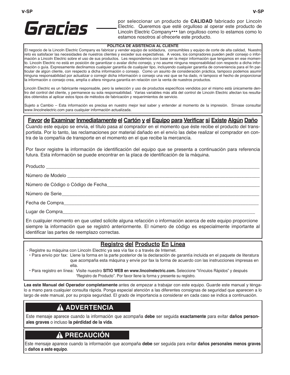 Gracias, Advertencia, Precaución | Lincoln Electric IMT10097 POWER MIG 216 User Manual | Page 38 / 100