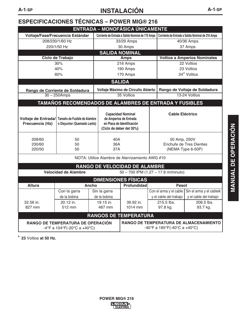 Instalación, Especificaciones técnicas – power mig® 216, Manual de operación | Lincoln Electric IMT10097 POWER MIG 216 User Manual | Page 41 / 100