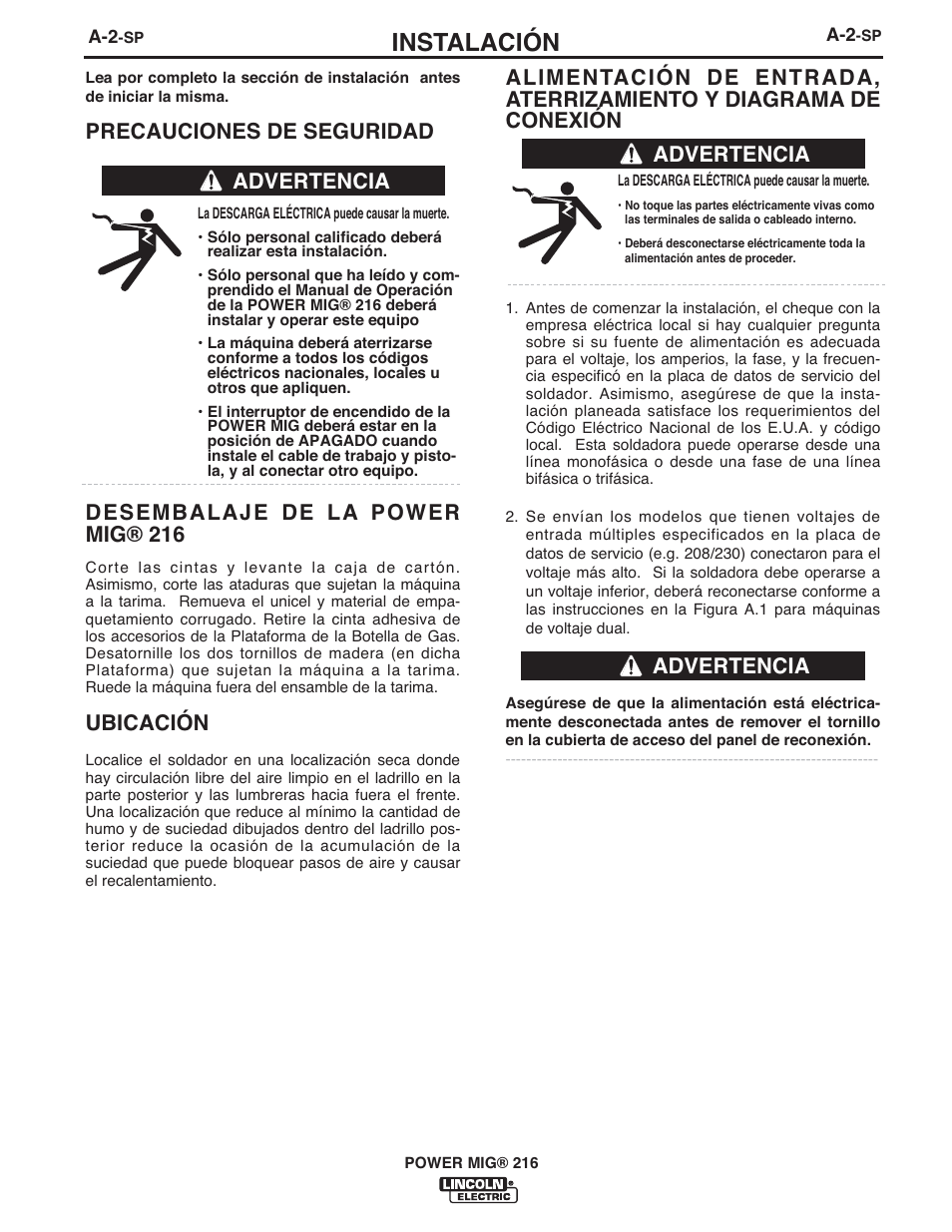 Instalación, Desembalaje de la power mig® 216, Ubicación | Advertencia | Lincoln Electric IMT10097 POWER MIG 216 User Manual | Page 42 / 100