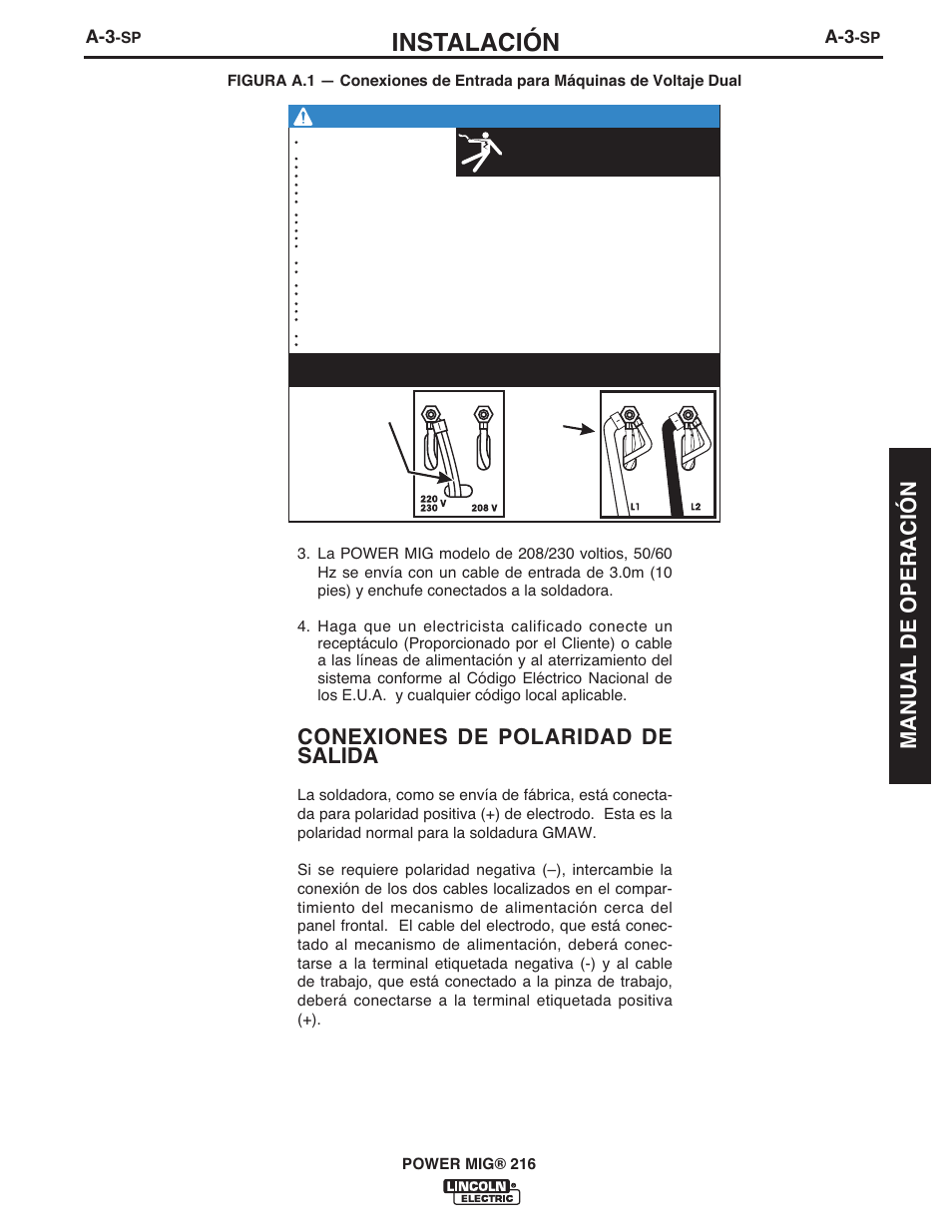 Instalación, Conexiones de polaridad de salida, Manual de operación | Warning advertissement advertencia | Lincoln Electric IMT10097 POWER MIG 216 User Manual | Page 43 / 100