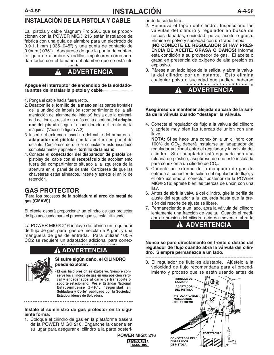 Instalación, Instalación de la pistola y cable, Gas protector | Advertencia | Lincoln Electric IMT10097 POWER MIG 216 User Manual | Page 44 / 100