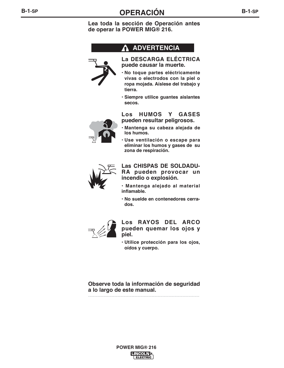 Operación, Advertencia | Lincoln Electric IMT10097 POWER MIG 216 User Manual | Page 46 / 100