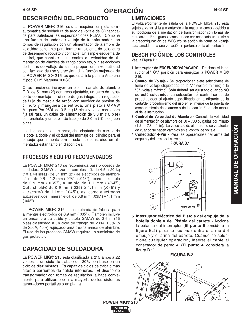 Operación, Descripción del producto, Procesos y equipo recomendados | Capacidad de soldadura, Limitaciones, Descripción de los controles, Manual de operación | Lincoln Electric IMT10097 POWER MIG 216 User Manual | Page 47 / 100