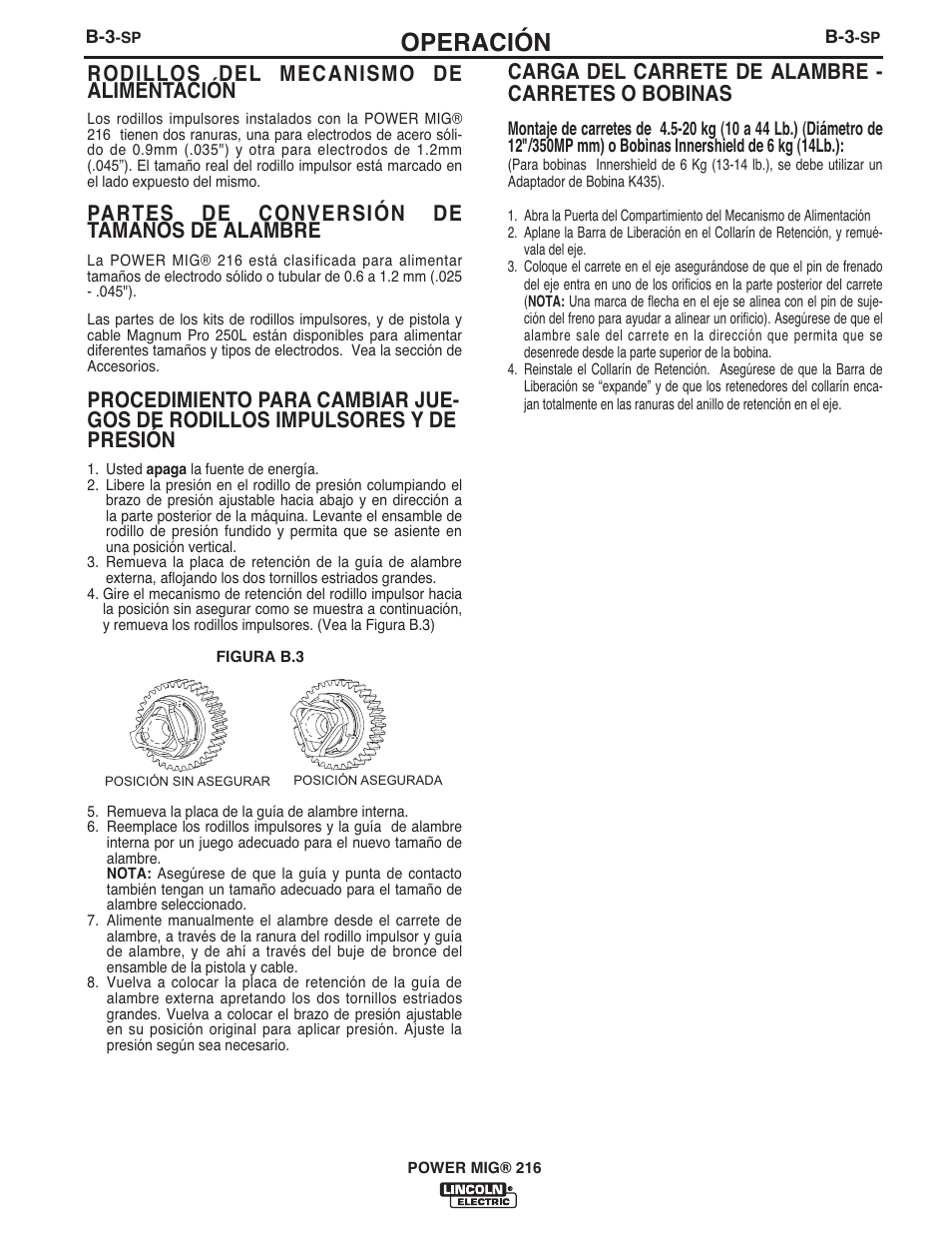 Operación, Rodillos del mecanismo de alimentación, Partes de conversión de tamaños de alambre | Carga del carrete de alambre - carretes o bobinas | Lincoln Electric IMT10097 POWER MIG 216 User Manual | Page 48 / 100