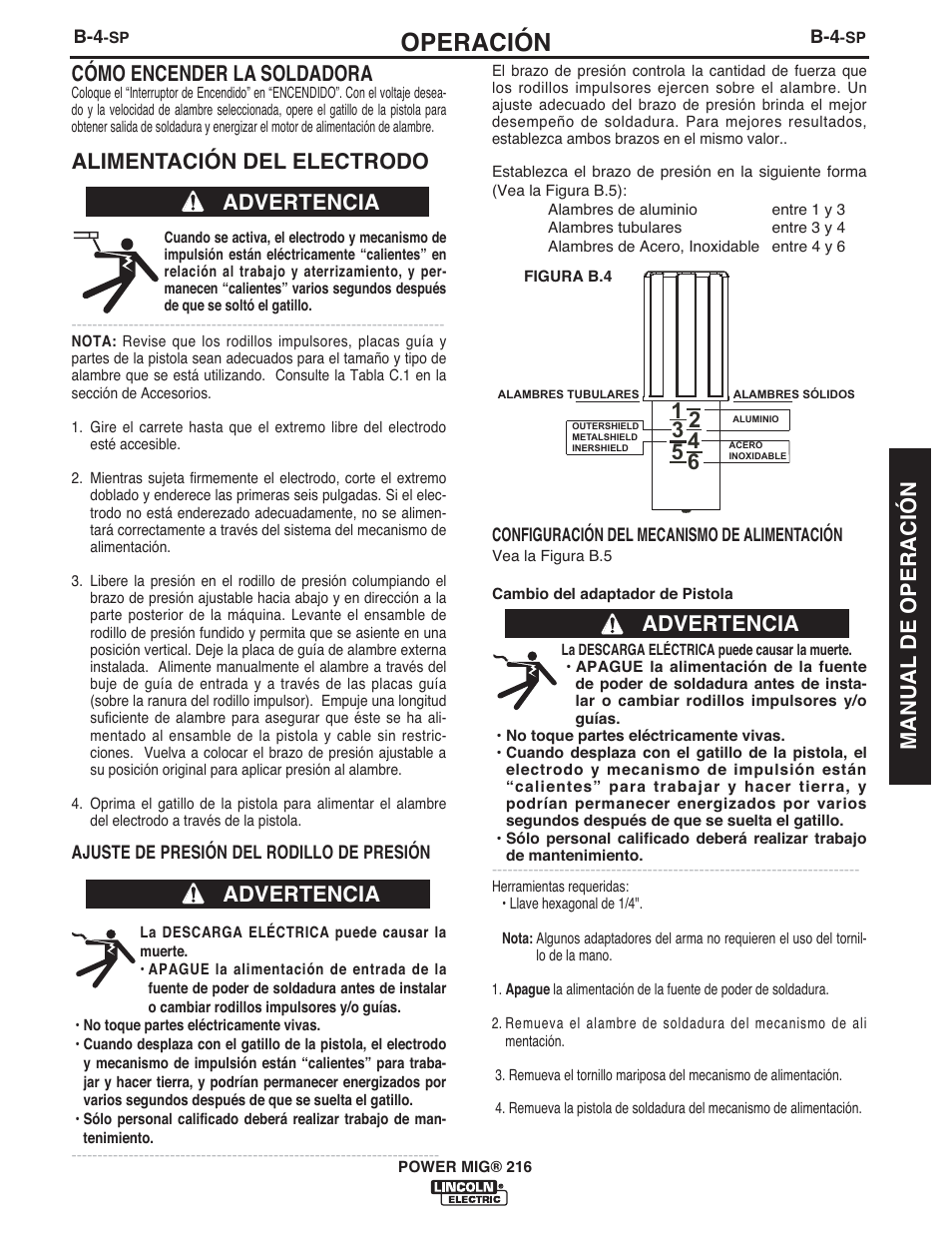 Operación, Cómo encender la soldadora, Alimentación del electrodo | Advertencia, Manual de operación | Lincoln Electric IMT10097 POWER MIG 216 User Manual | Page 49 / 100