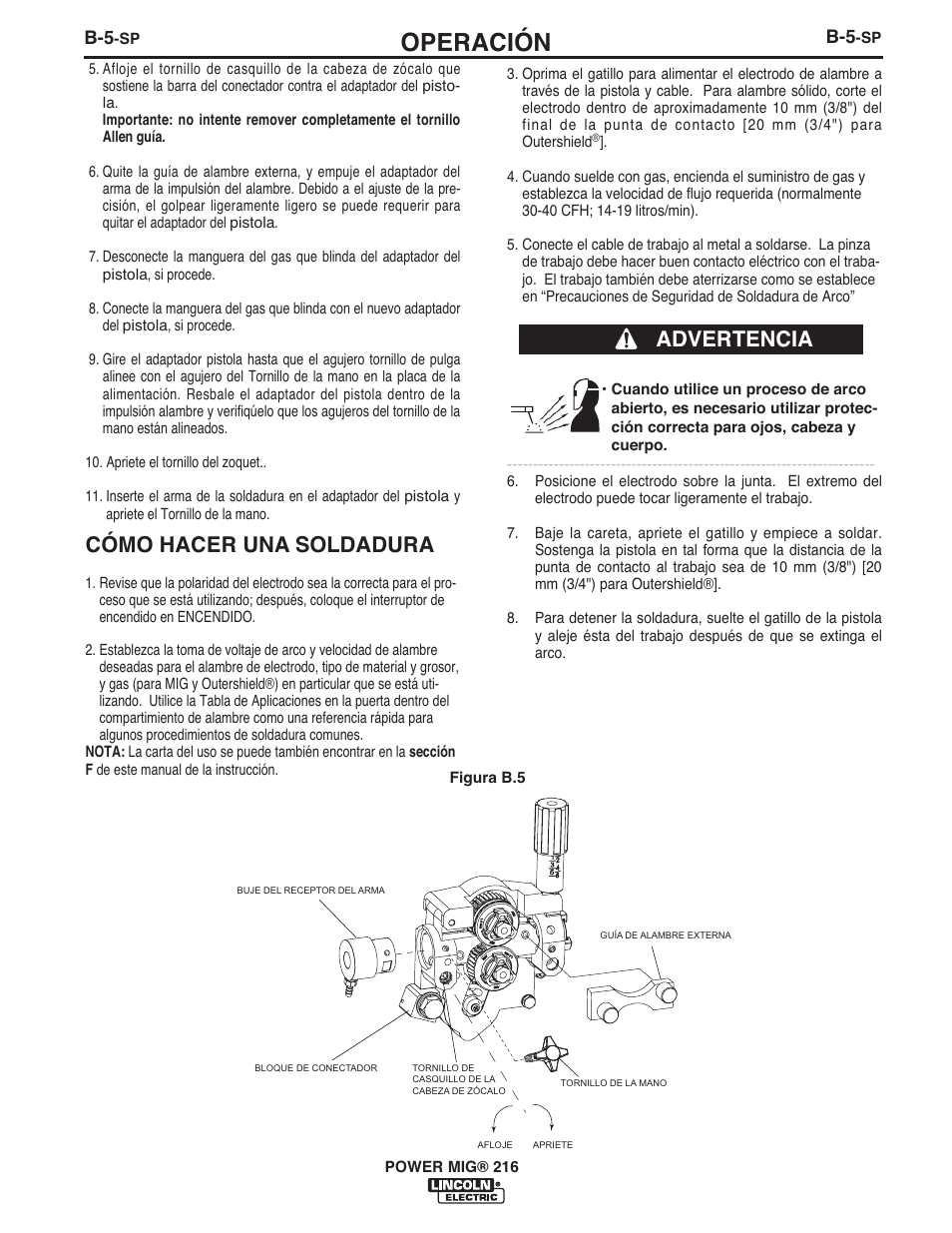 Operación, Advertencia, Cómo hacer una soldadura | Lincoln Electric IMT10097 POWER MIG 216 User Manual | Page 50 / 100