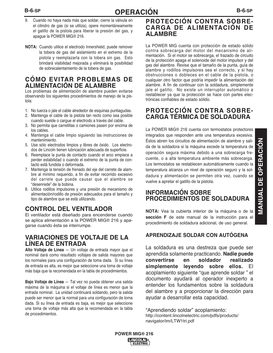 Operación, Cómo evitar problemas de alimentación de alambre, Control del ventilador | Variaciones de voltaje de la línea de entrada, Información sobre procedimientos de soldadura, Manual de operación | Lincoln Electric IMT10097 POWER MIG 216 User Manual | Page 51 / 100