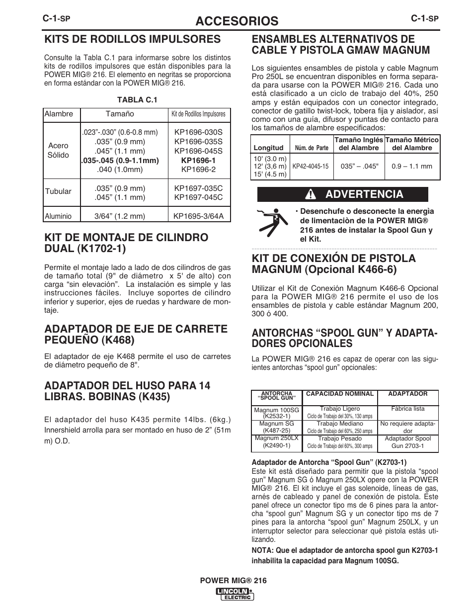 Accesorios, Kits de rodillos impulsores, Adaptador de eje de carrete pequeño (k468) | Antorchas “spool gun” y adapta- dores opcionales, Advertencia | Lincoln Electric IMT10097 POWER MIG 216 User Manual | Page 52 / 100