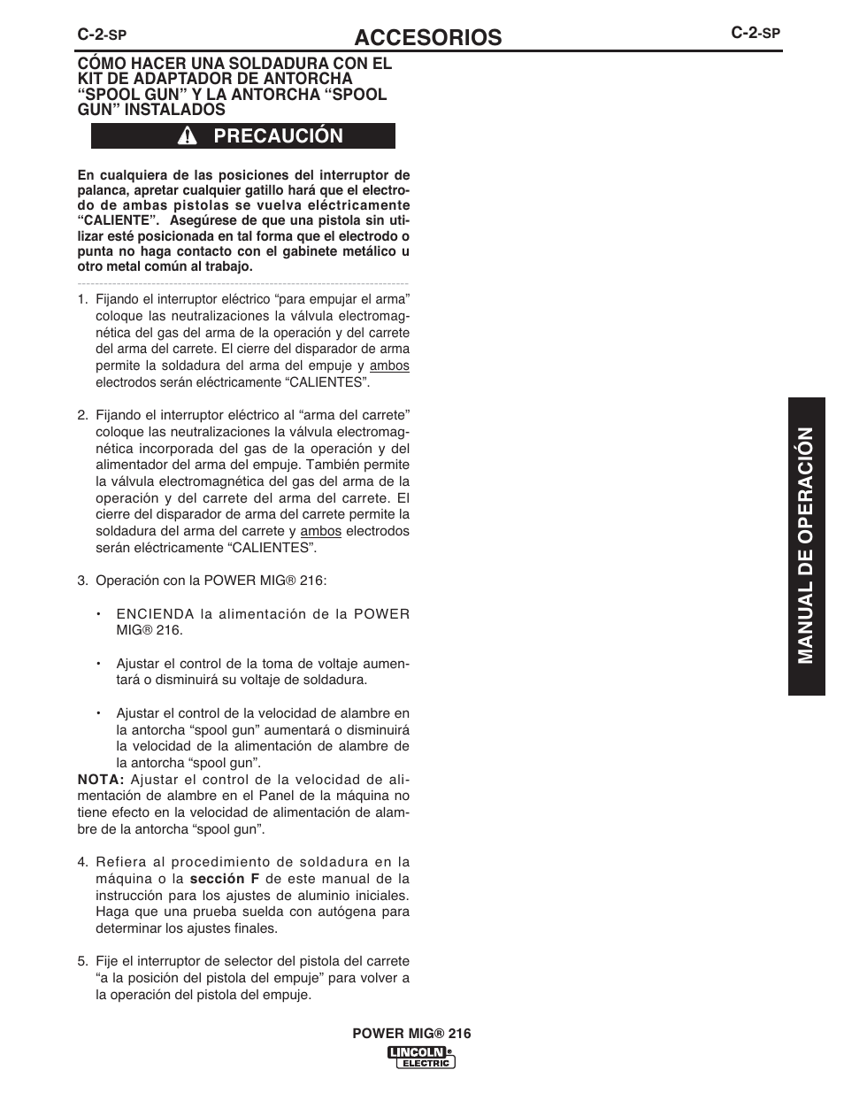 Accesorios, Precaución, Manual de operación | Lincoln Electric IMT10097 POWER MIG 216 User Manual | Page 53 / 100