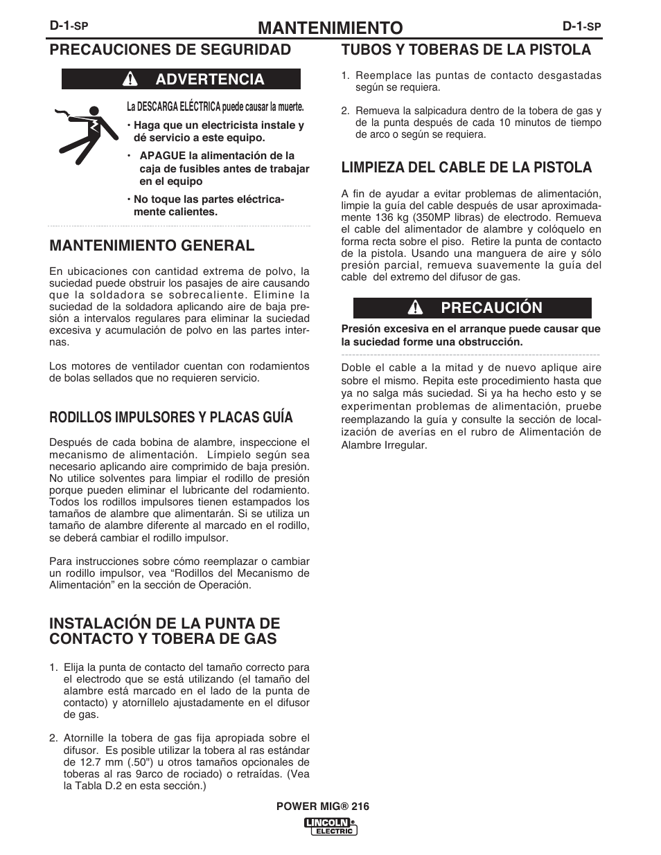 Mantenimiento, Tubos y toberas de la pistola, Limpieza del cable de la pistola | Precauciones de seguridad, Mantenimiento general, Rodillos impulsores y placas guía, Advertencia precaución | Lincoln Electric IMT10097 POWER MIG 216 User Manual | Page 54 / 100