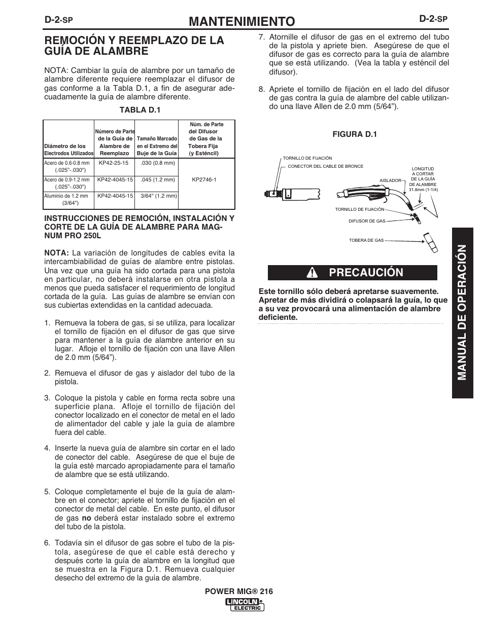 Mantenimiento, Remoción y reemplazo de la guía de alambre, Precaución | Manual de operación | Lincoln Electric IMT10097 POWER MIG 216 User Manual | Page 55 / 100