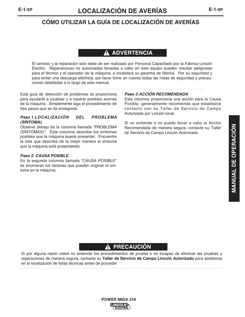 Localización de averías, Cómo utilizar la guía de localización de averías, Advertencia | Precaución manual de operación | Lincoln Electric IMT10097 POWER MIG 216 User Manual | Page 57 / 100