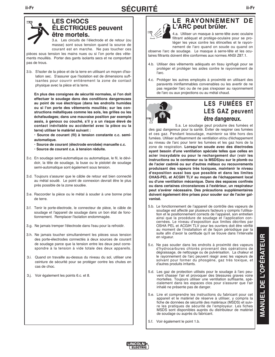 Sécurité, Le rayonnement de l'arc peut brûler, Les chocs électriques peuvent être mortels | Les fumées et les gaz peuvent être dangereux, Manuel de l ʼopéra teur | Lincoln Electric IMT10097 POWER MIG 216 User Manual | Page 67 / 100