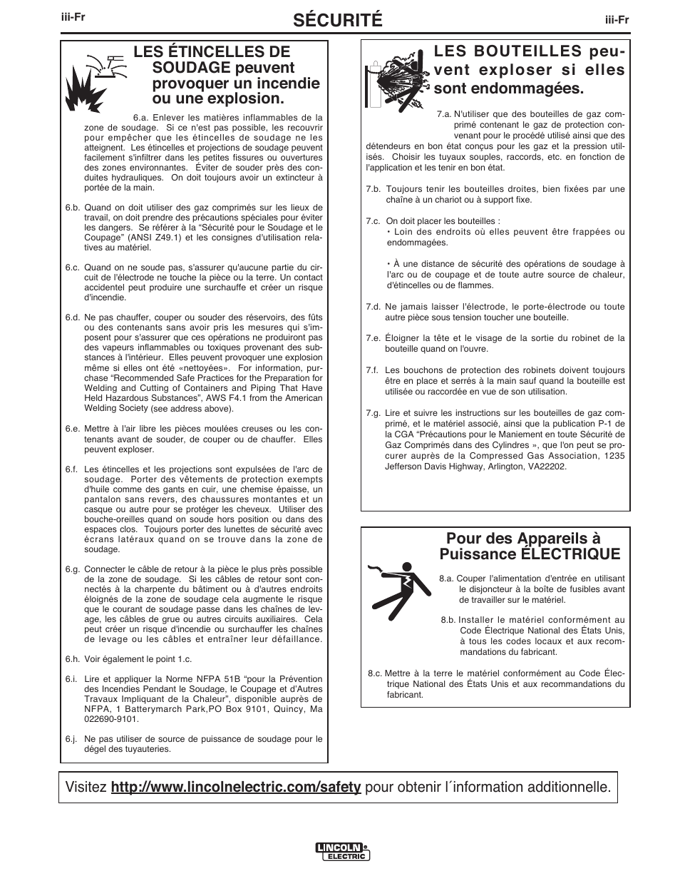 Sécurité, Pour des appareils à puissance électrique | Lincoln Electric IMT10097 POWER MIG 216 User Manual | Page 68 / 100