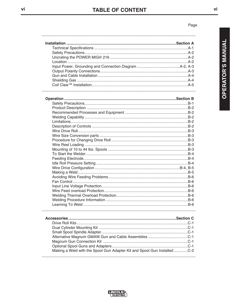 Table of content, Opera t orʼs manual | Lincoln Electric IMT10097 POWER MIG 216 User Manual | Page 7 / 100