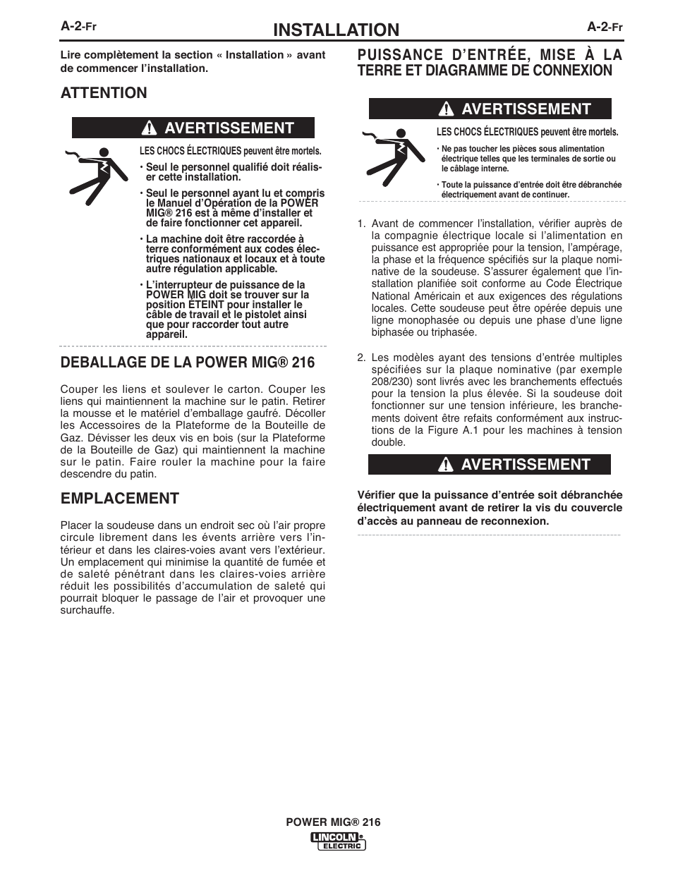 Installation, Deballage de la power mig® 216, Emplacement | Avertissement | Lincoln Electric IMT10097 POWER MIG 216 User Manual | Page 74 / 100