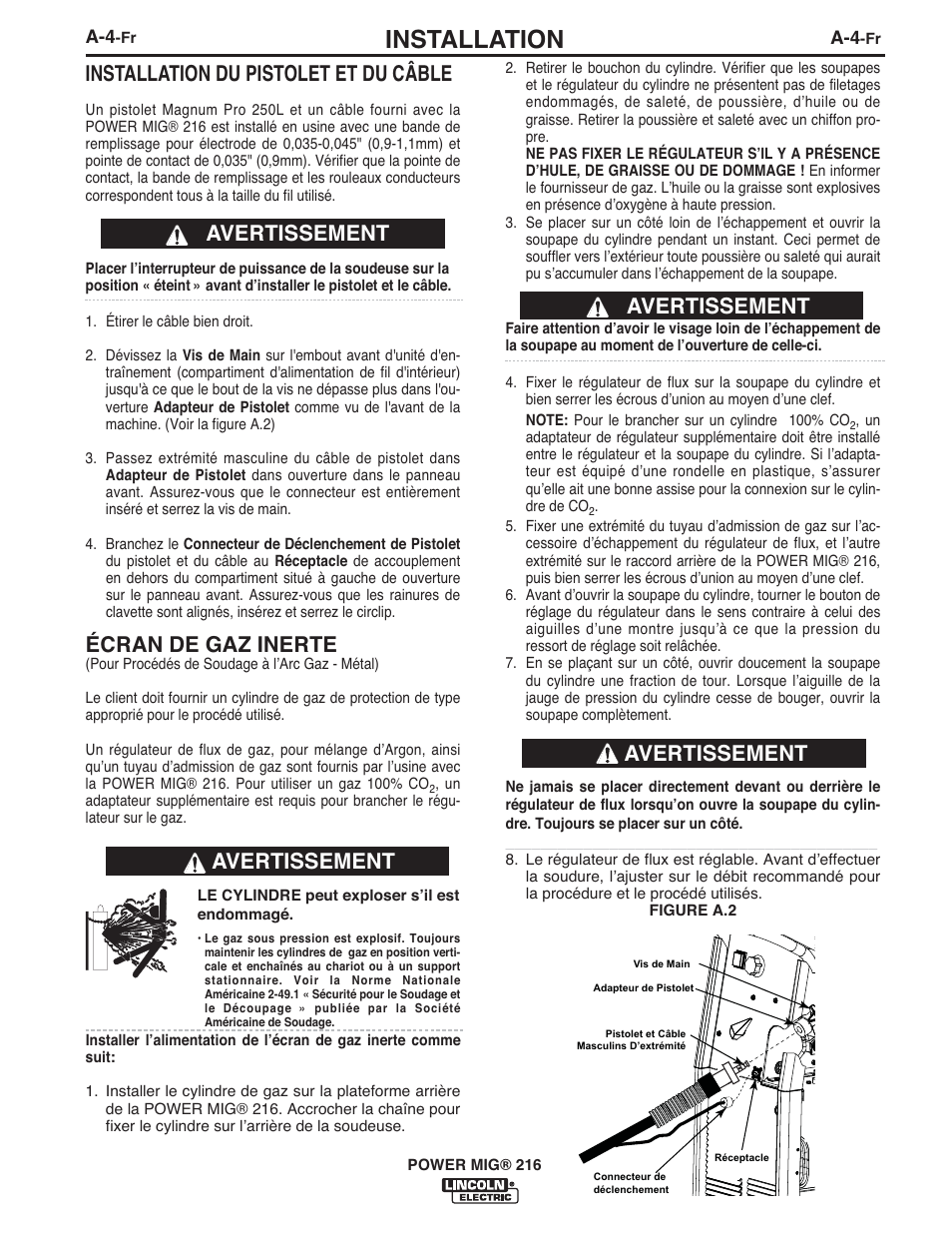 Installation, Installation du pistolet et du câble, Écran de gaz inerte | Avertissement | Lincoln Electric IMT10097 POWER MIG 216 User Manual | Page 76 / 100