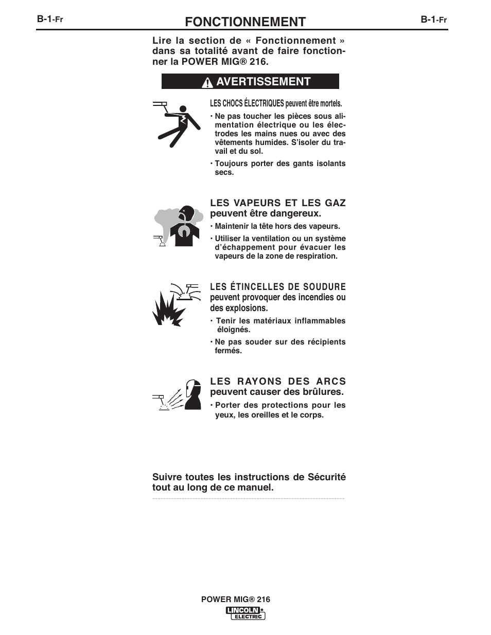 Fonctionnement, Avertissement | Lincoln Electric IMT10097 POWER MIG 216 User Manual | Page 78 / 100