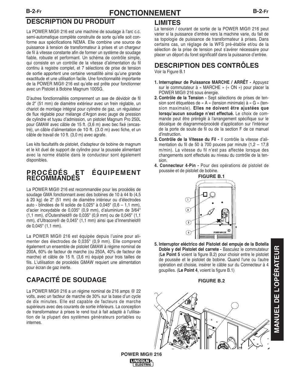 Fonctionnement, Description du produit, Procédés et équipement recommandés | Capacité de soudage, Limites, Description des contrôles, Manuel de l ʼopéra teur | Lincoln Electric IMT10097 POWER MIG 216 User Manual | Page 79 / 100