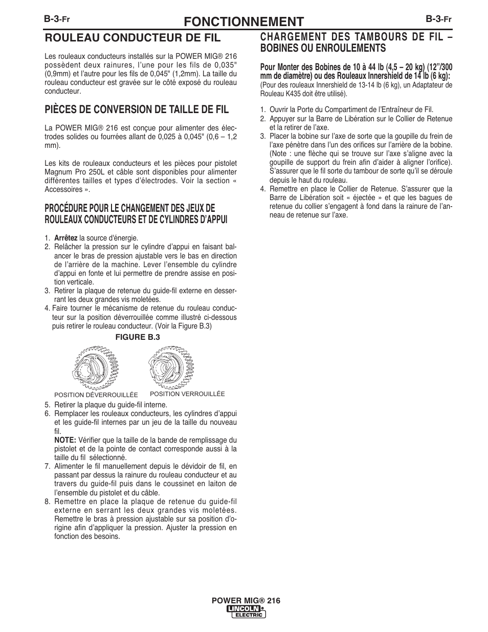 Fonctionnement, Rouleau conducteur de fil, Pièces de conversion de taille de fil | Lincoln Electric IMT10097 POWER MIG 216 User Manual | Page 80 / 100