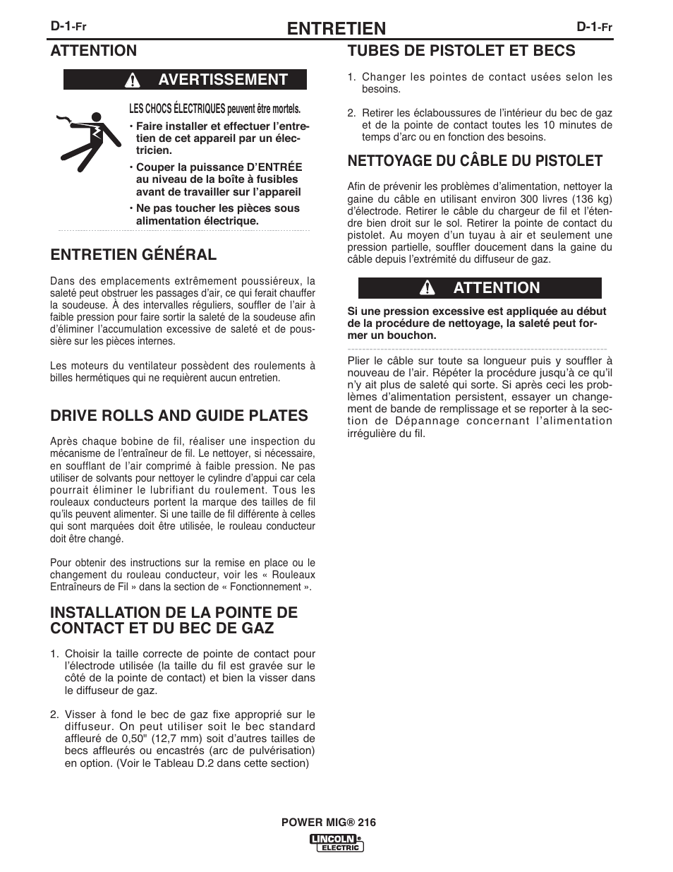 Entretien, Tubes de pistolet et becs, Nettoyage du câble du pistolet | Attention, Entretien général, Drive rolls and guide plates, Avertissement attention | Lincoln Electric IMT10097 POWER MIG 216 User Manual | Page 86 / 100