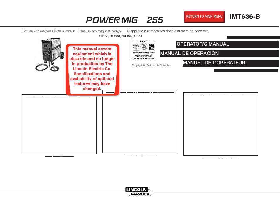 Lincoln Electric IMT636 POWER MIG 255 User Manual | 53 pages