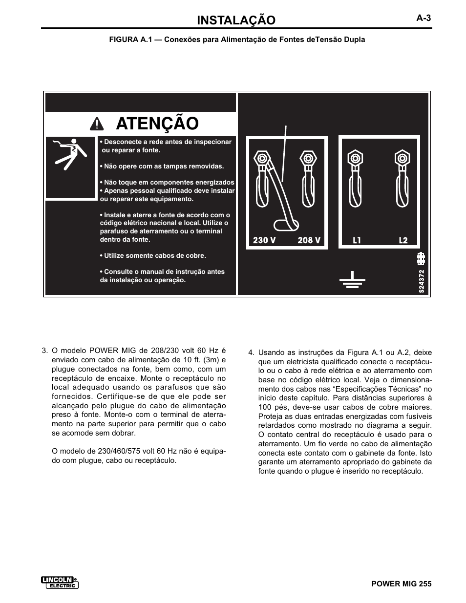 Atenção, Instalação, Monofásico 60 hz | Lincoln Electric IMT636 POWER MIG 255 User Manual | Page 11 / 41