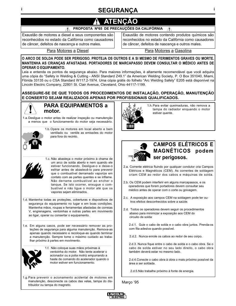 Atenção, Segurança, Para equipamentos a motor | Campos elétricos e magnéticos podem ser perigosos | Lincoln Electric IMT636 POWER MIG 255 User Manual | Page 2 / 41