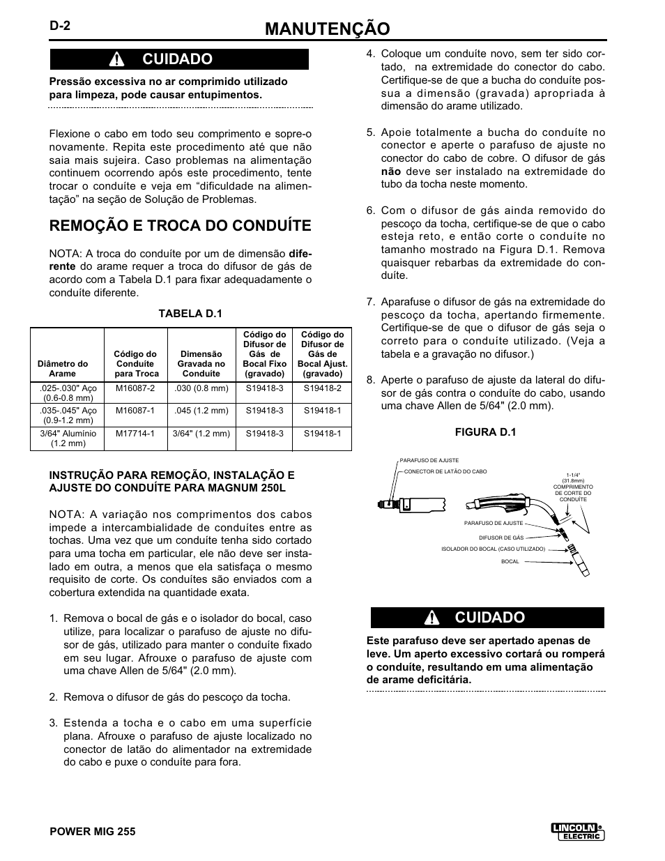 Manutenção, Remoção e troca do conduíte, Cuidado | Lincoln Electric IMT636 POWER MIG 255 User Manual | Page 26 / 41