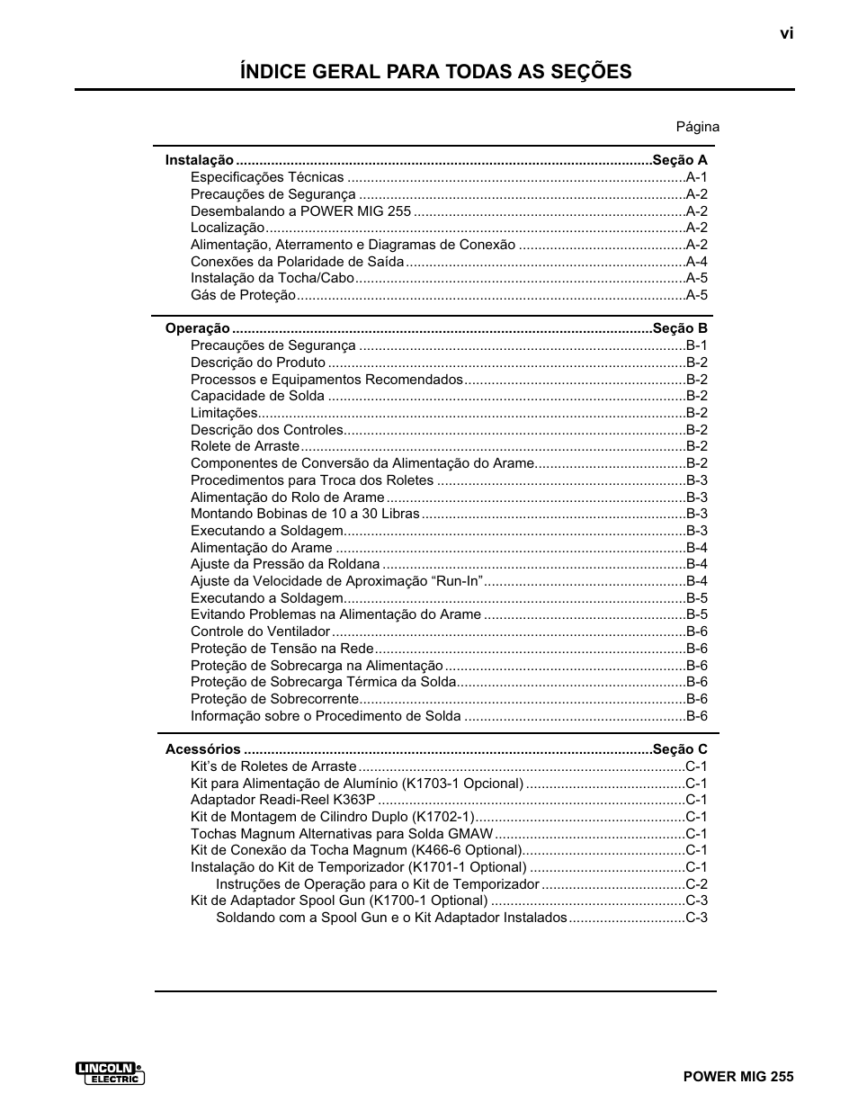Índice geral para todas as seções | Lincoln Electric IMT636 POWER MIG 255 User Manual | Page 7 / 41