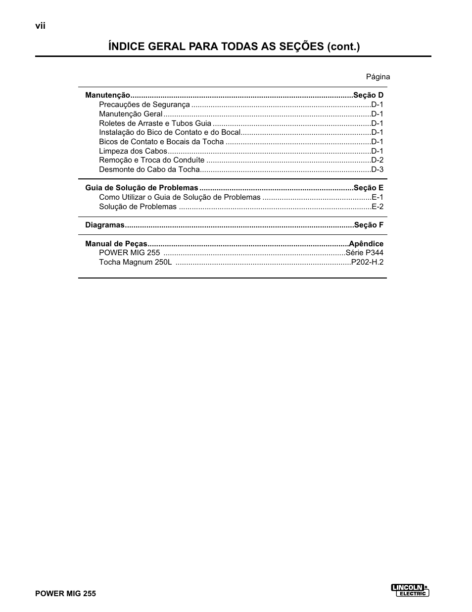 Índice geral para todas as seções (cont.) | Lincoln Electric IMT636 POWER MIG 255 User Manual | Page 8 / 41