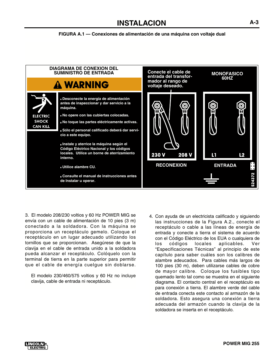 Instalacion | Lincoln Electric IMT636 POWER MIG 255 User Manual | Page 11 / 40