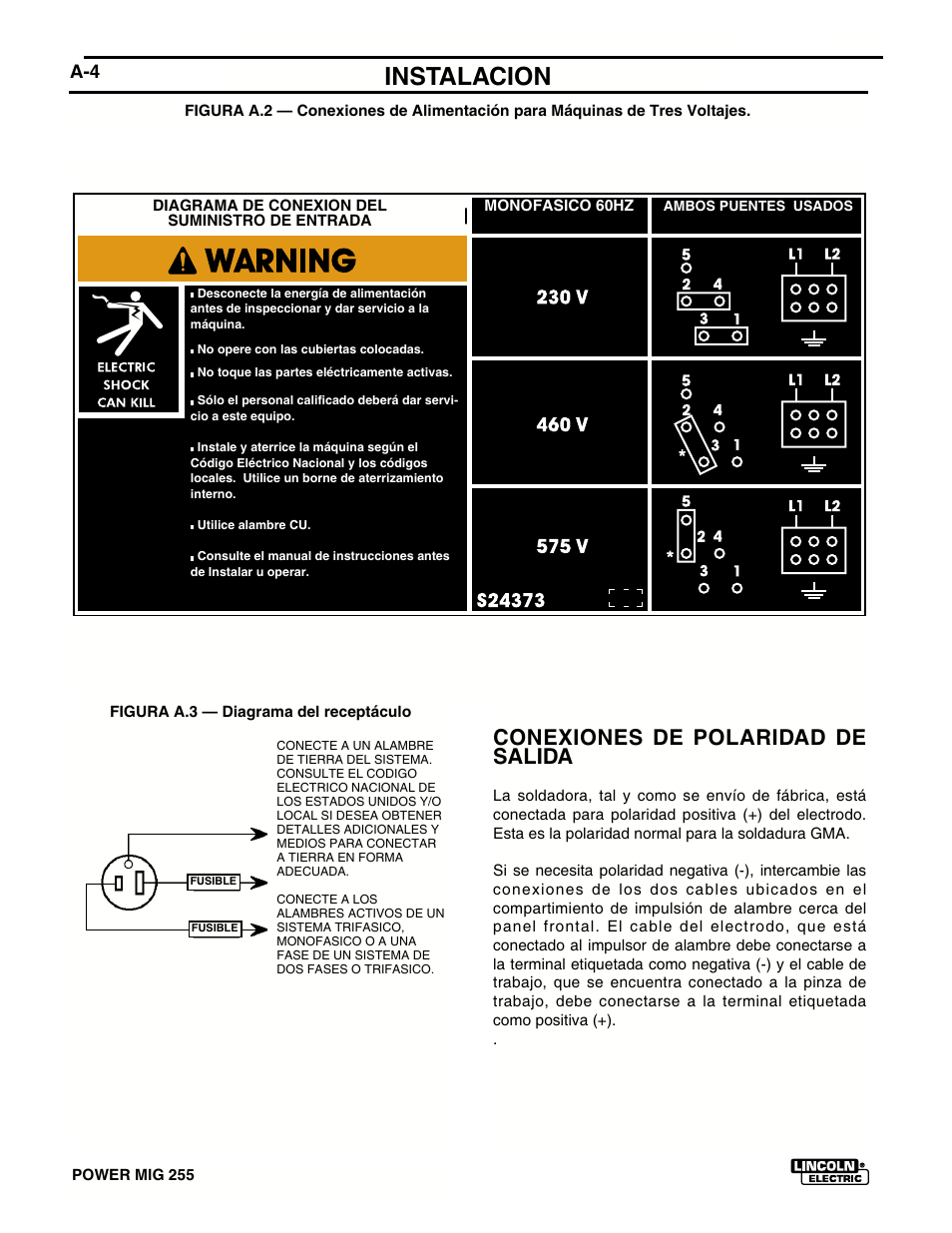 Instalacion, Conexiones de polaridad de salida, Cable | Lincoln Electric IMT636 POWER MIG 255 User Manual | Page 12 / 40