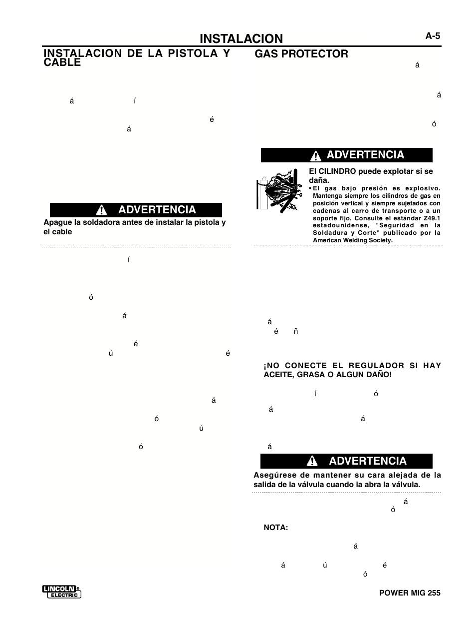 Instalacion, Instalacion de la pistola y cable, Advertencia | Advertencia gas protector | Lincoln Electric IMT636 POWER MIG 255 User Manual | Page 13 / 40